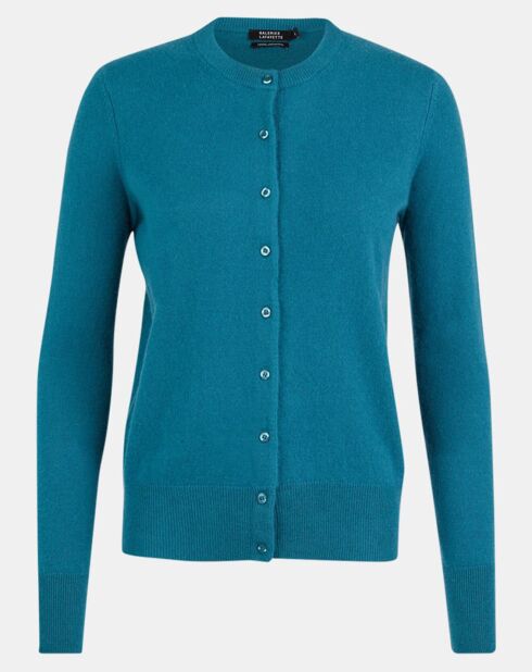 Cardigan 100% Cachemire Zacao col rond bleu/vert