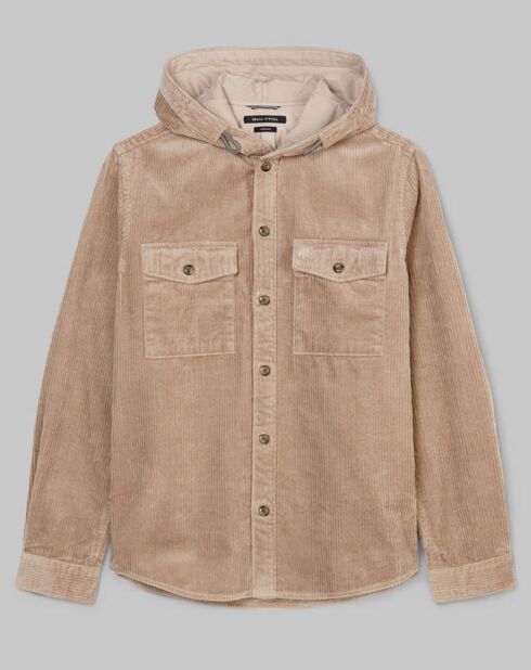 Surchemise en Velours côtelé à Capuche Double Poche beige