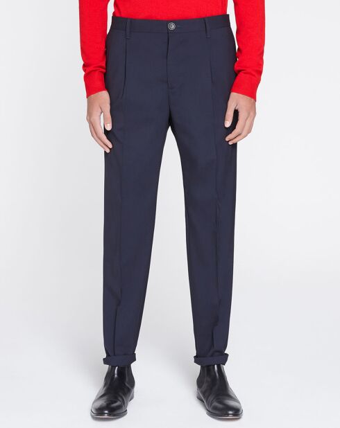 Pantalon en Laine mélangée Pince Uni bleu marine