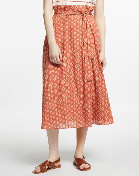 Langer Georgie Rock mit orangefarbenem und ecrufarbenem Aufdruck