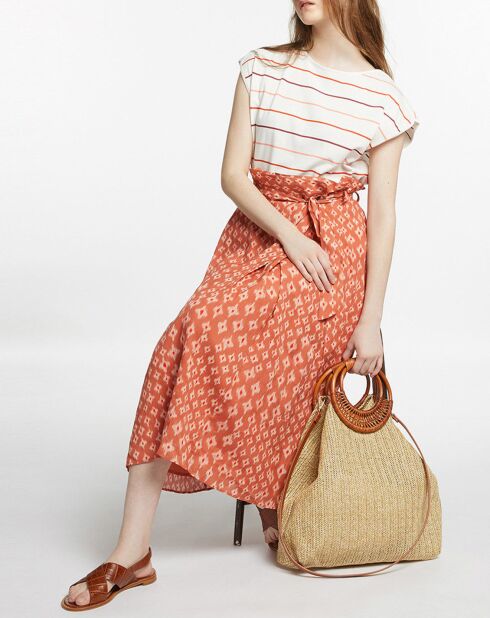 Langer Georgie Rock mit orangefarbenem und ecrufarbenem Aufdruck