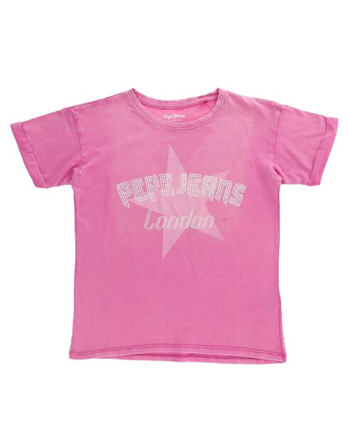 T-Shirt en Coton à Logo Strass rose