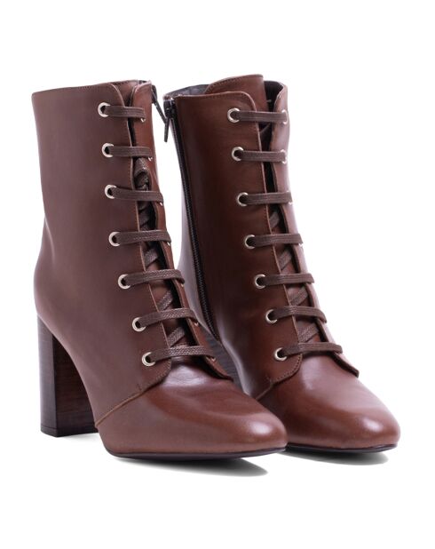 Bottines à Lacets en Cuir marron - Talon 8 cm