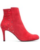 Botines de piel de terciopelo con lunares rojos, tacón de 9 cm