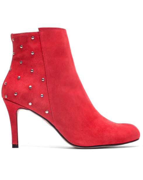 Botines de piel de terciopelo con lunares rojos, tacón de 9 cm
