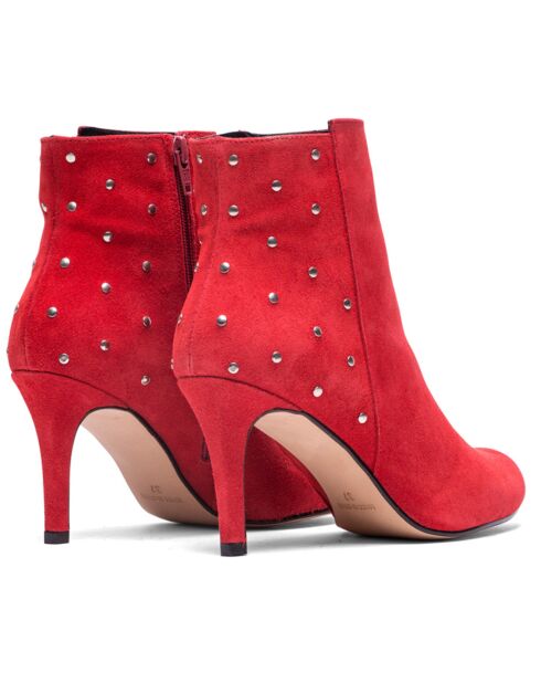 Botines de piel de terciopelo con lunares rojos, tacón de 9 cm