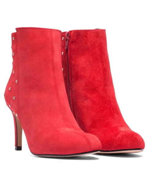 Botines de piel de terciopelo con lunares rojos, tacón de 9 cm