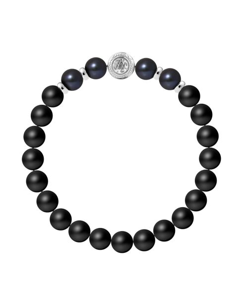 Silberarmband Lucky, mattschwarze Achate und schwarze halbrunde Süßwasserperlen