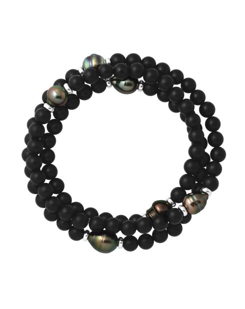 Armband aus Tahiti-Silber, mattschwarze Achate und eingekreiste Tahitiperlen