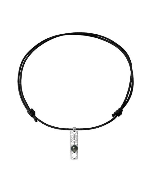 Collier Lien noir Argent & Perle de Tahiti cerclée