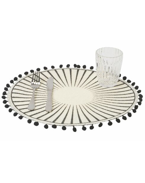 6 placemats van wit/zwart jute - D.38 cm