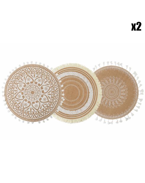 6 manteles individuales de yute multicolores - D.38 cm