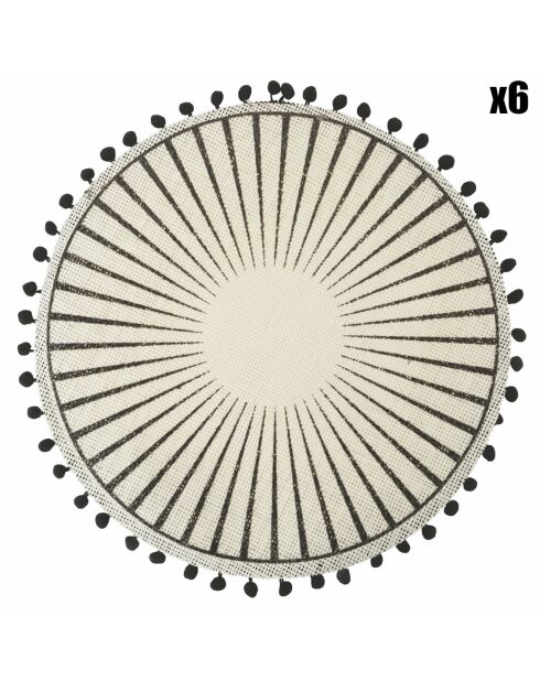 6 placemats van wit/zwart jute - D.38 cm