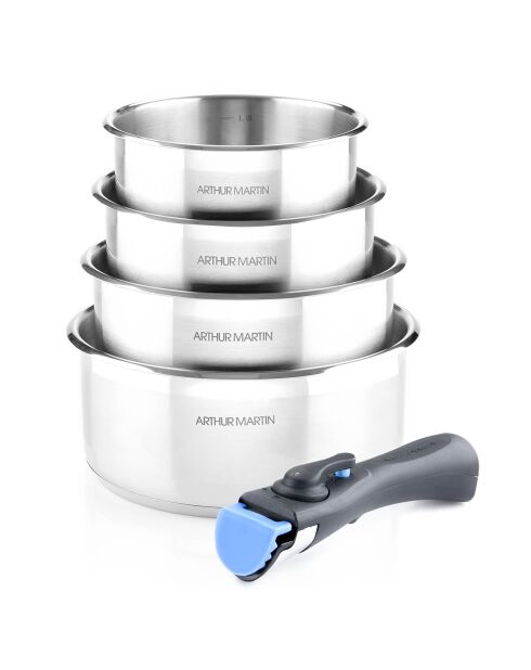 4 Casseroles induction avec poignée amovible grises - D.14/16/18/20 cm