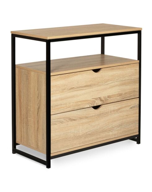 Commode 2 tiroirs + 1 étagère memphis marron/noir mat - 80x40x80 cm