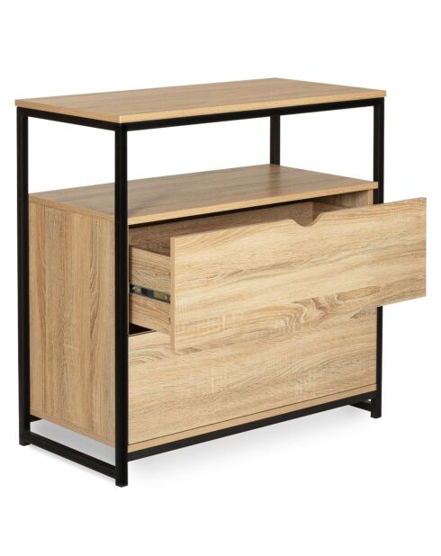 Commode 2 tiroirs + 1 étagère memphis marron/noir mat - 80x40x80 cm