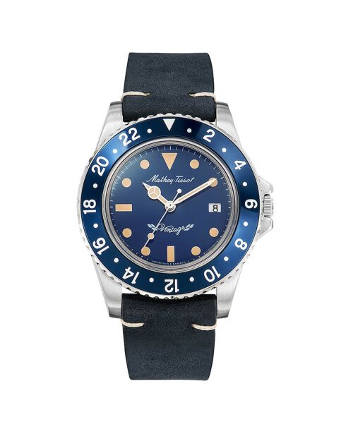 Montre Homme en Cuir Quartz Mathy Vintage bleue