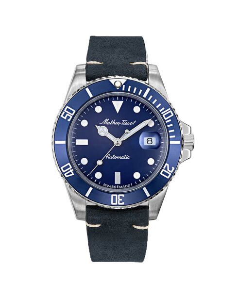 Montre Homme en Cuir Automatique Mathy Vintage bleue