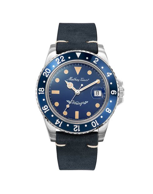Montre Homme Automatique en Cuir Mathy Vintage bleue