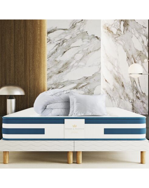 Matratzen-Set mit 2 Boxspringbetten, 1 Bettdecke und 2 Balthazar-Kissen, weiß/blau, 2 x 80 x 200 cm