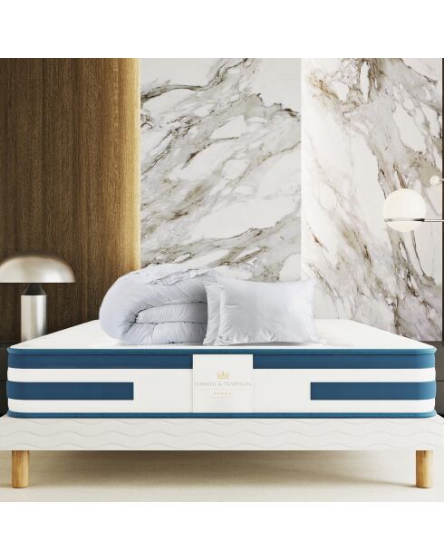 Matratzen- und Boxspring-Set + Bettdecke +2 Balthazar-Kissen weiß/blau - 140x200 cm