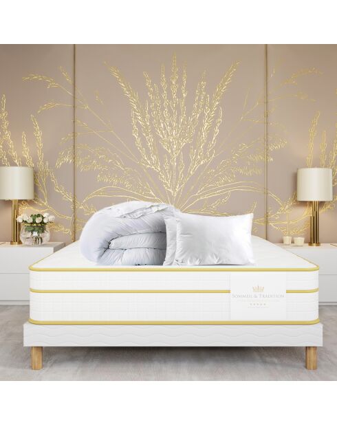 Ensemble matelas + 1 couette + 2 oreillers Magellan blanc/jaune - 140x190 cm