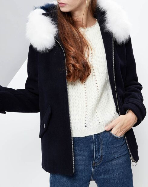 Manteau Ellis  en Laine capuche fourrure de renard bleu nuit