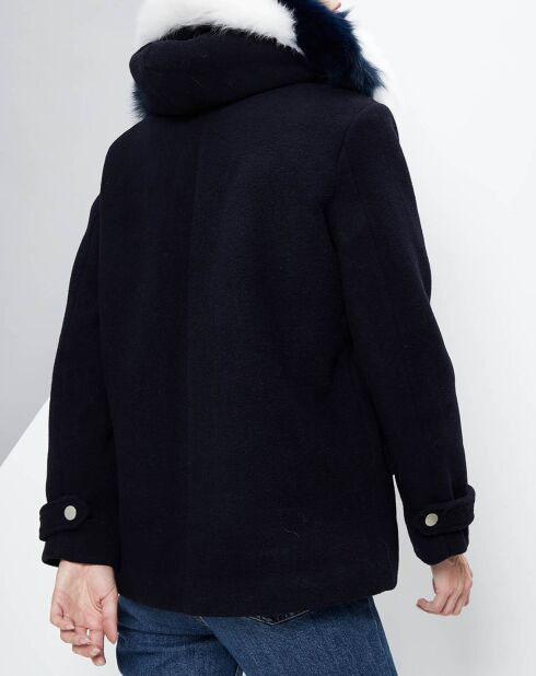 Manteau Ellis  en Laine capuche fourrure de renard bleu nuit