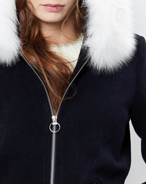 Manteau Ellis  en Laine capuche fourrure de renard bleu nuit