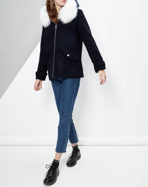 Manteau Ellis  en Laine capuche fourrure de renard bleu nuit