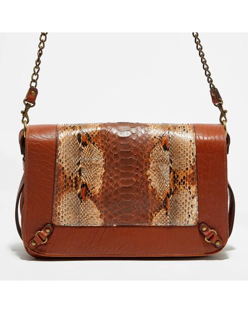 Sac bandoulière en Cuir d'Agneau & Python Seren cognac - 25x11x16.5 cm