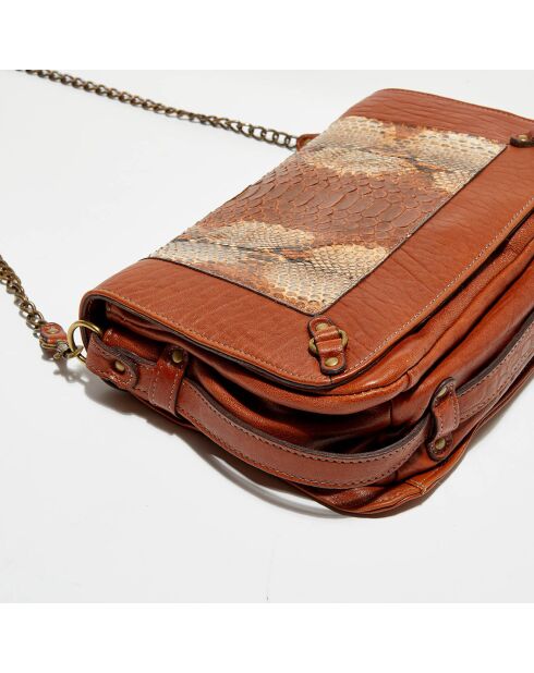 Sac bandoulière en Cuir d'Agneau & Python Seren cognac - 25x11x16.5 cm