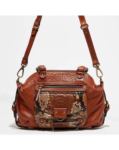 Sac à main en Cuir d'Agneau & Python Mini Ode cognac - 29x22x3 cm