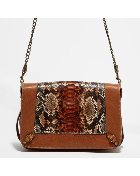 Sac bandoulière en Cuir d'Agneau & Python Seren havane - 25x11x16.5 cm