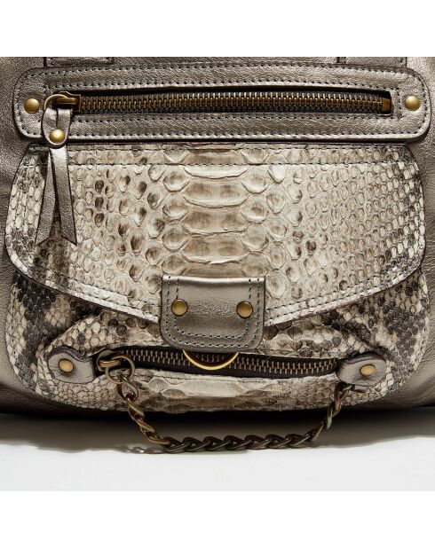 Sac à main en Cuir d'Agneau & Python Mini Ode bronze métal gris  - 35x22x3 cm