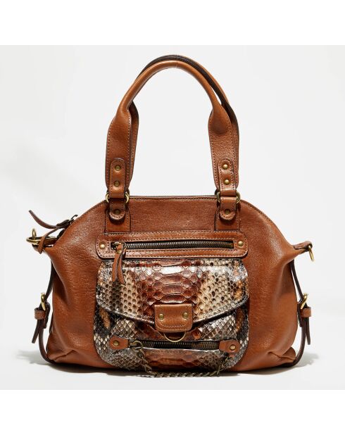 Sac à main en Cuir d'Agneau & Python Mini Ode havane - 31x22x3 cm