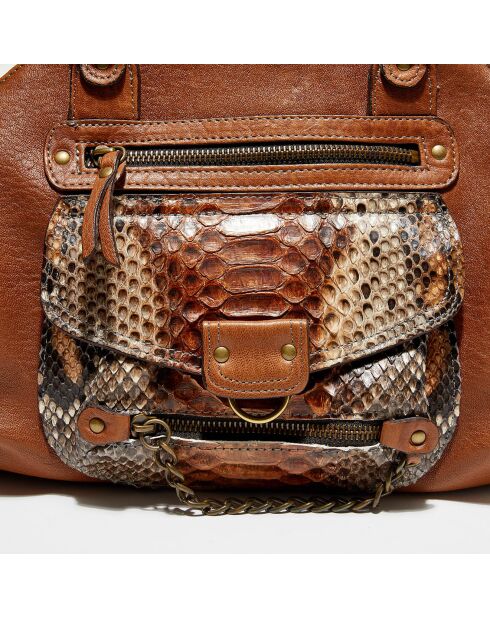 Sac à main en Cuir d'Agneau & Python Mini Ode havane - 31x22x3 cm