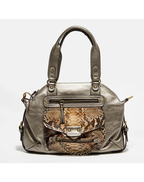 Sac à main en Cuir d'Agneau & Python Mini Ode bronze natural - 33x22x3 cm