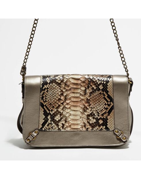 Sac bandoulière en Cuir d'Agneau & Python Seren bronze natural - 25x11x16.5 cm