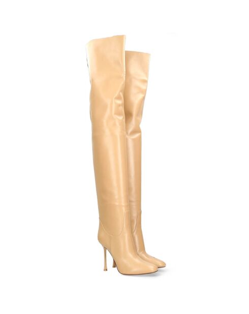 Cuissardes en Cuir Zip beiges - Talon 11 cm