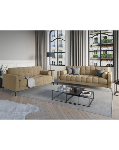 Canapé velours bali 4 places beige - 217x92x78 cm