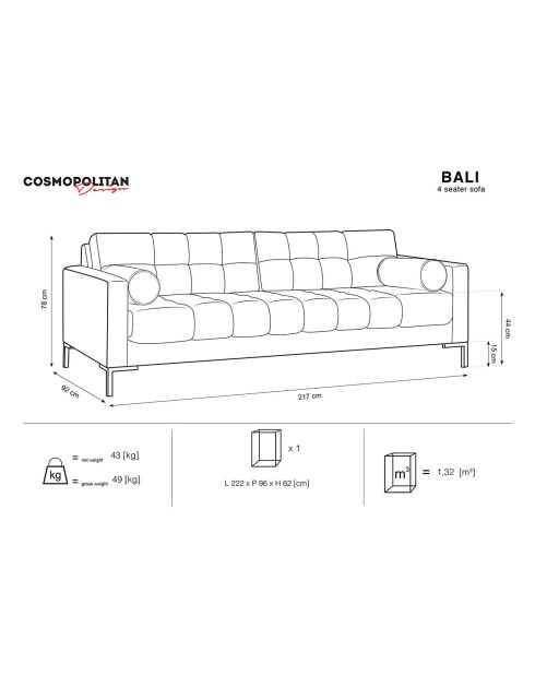 Canapé velours bali 4 places beige - 217x92x78 cm