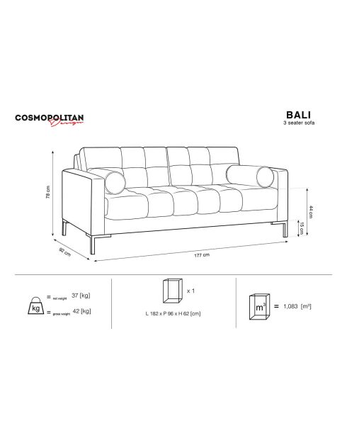 Canapé velours bali 3 places gris foncé - 177x92x78 cm