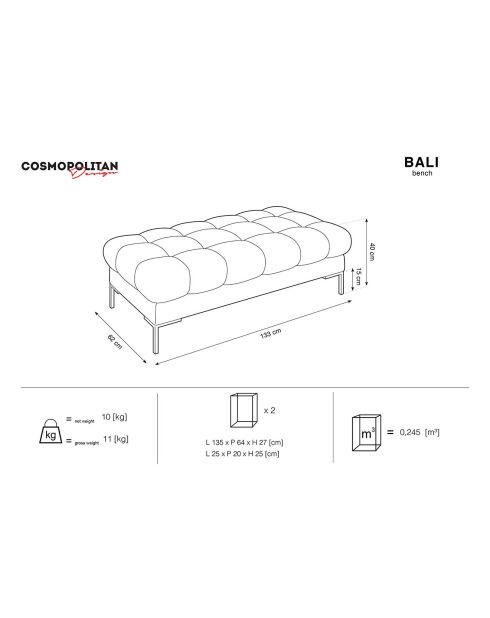 Banc velours bali 2 places noir - 62x133x40 cm
