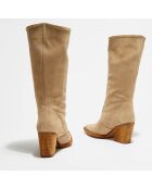 Bottes en Velours de Cuir Eliah beiges - Talon 7 cm