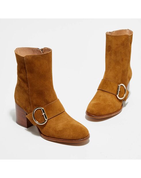 Bottines en Velours de Cuir Laly camel - Talon 6 cm