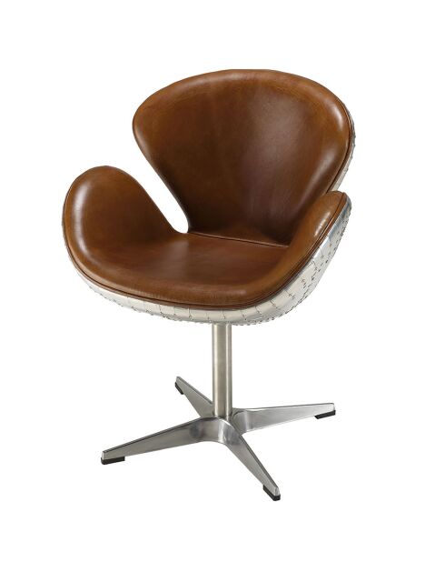 Fauteuil nevada vintage cuir et aluminium Gaston marron  - 68x62x89 cm