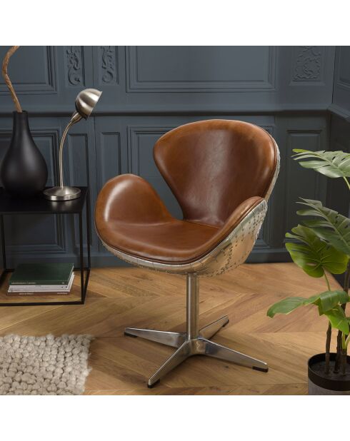 Fauteuil nevada vintage cuir et aluminium Gaston marron  - 68x62x89 cm