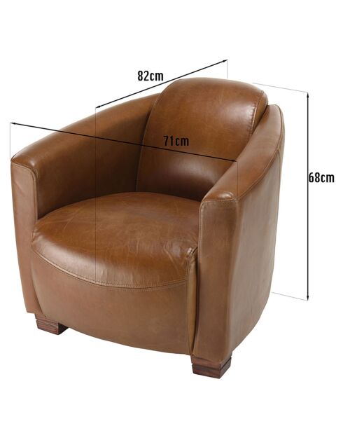 Fauteuil chicago vintage cuir et bois Gaston marron  - 71x82x68 cm