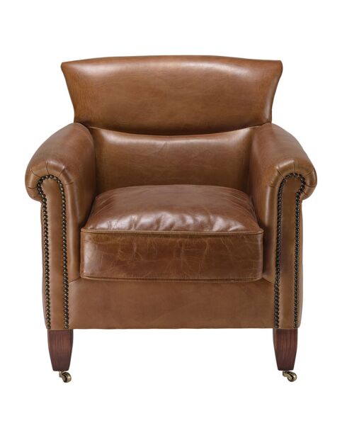 Fauteuil verone vintage cuir pieds bois avec roulettes  Gaston marron  - 73x83x78 cm